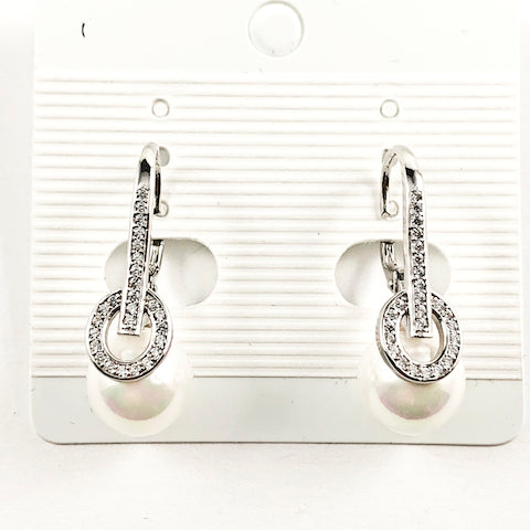 Beautiful Dangling Pearl Design Leverback CZ Silver Earrings