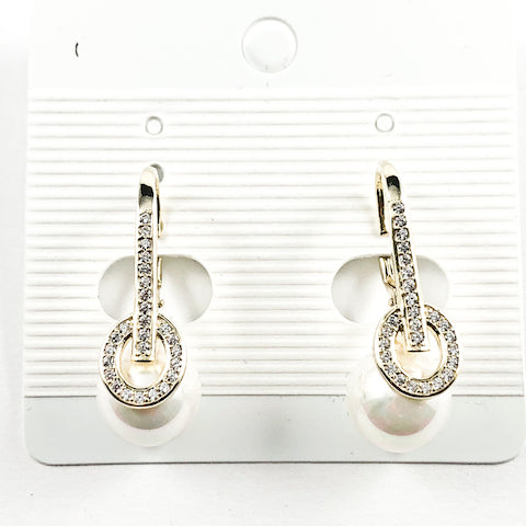 Beautiful Dangling Pearl Design Leverback Gold Tone CZ Silver Earrings