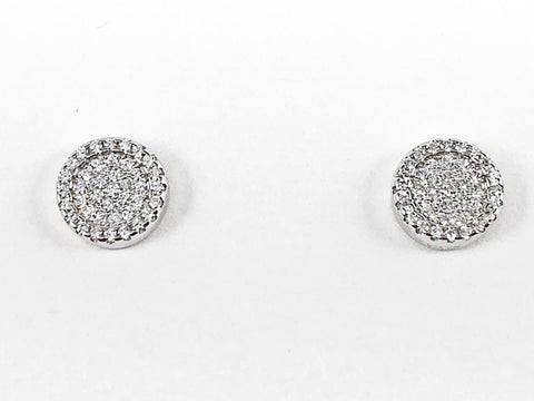 Beautiful Elegant Round Disc Pave Setting CZ Stud Silver Earrings