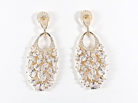 Elegant Multi Shape CZ Fill Pattern Gold Tone Dangle Silver Earrings