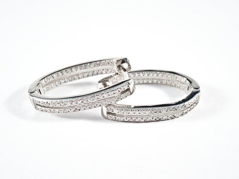 Fine Beautiful Oval Shape Pave CZ Huggie Style Silver Earrings