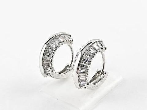 Elegant Fine Baguette Setting Huggie Silver Earrings