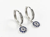 Classic Evil Eye With Sapphire Color CZ Dangle Lever Back Silver Earrings