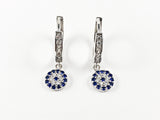 Classic Evil Eye With Sapphire Color CZ Dangle Lever Back Silver Earrings