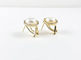 Elegant Round Pearl With Round CZ Frame Gold Tone French Post Silver Earrings