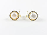 Elegant Round Pearl With Round CZ Frame Gold Tone French Post Silver Earrings