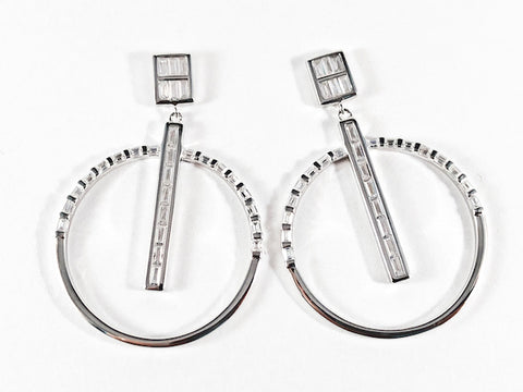 Modern Square With Large Round Dangle Design Baguette CZ Silver Earrings
