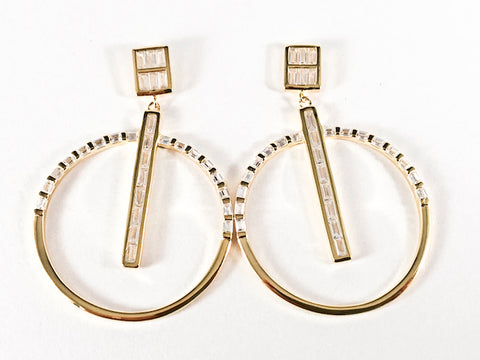 Modern Square With Large Round Dangle Design Baguette CZ Gold Tone Silver Earrings
