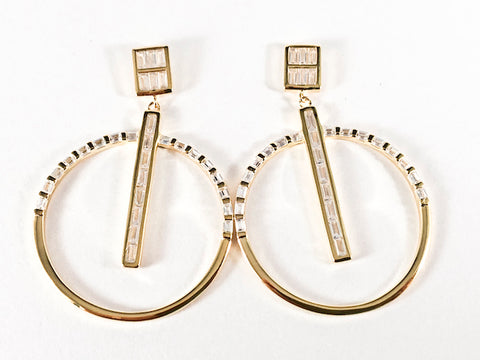 Modern Square With Large Round Dangle Design Baguette CZ Gold Tone Silver Earrings