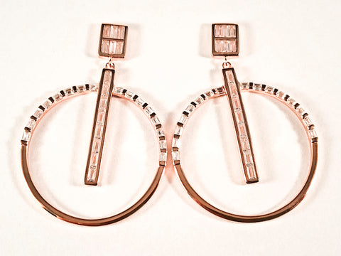 Modern Square With Large Round Dangle Design Baguette CZ Pink Gold Tone Silver Earrings