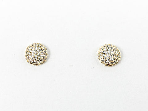Elegant Round Pave Setting CZ Gold Tone Stud Silver Earrings