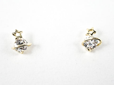 Cute Dainty Center CZ With Gold Tone Star Crown Silver Earrings