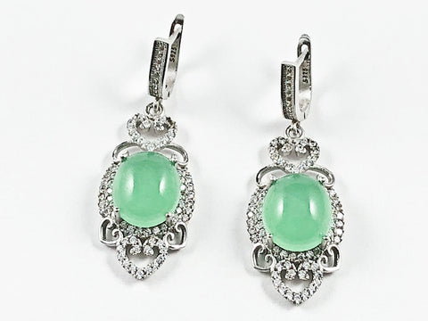 Beautiful Center Jade Stone Antique Style CZ Dangle Latch Back Silver Earrings