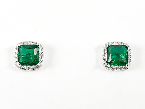 Elegant Double Square Center Green CZ Silver Stud Earrings