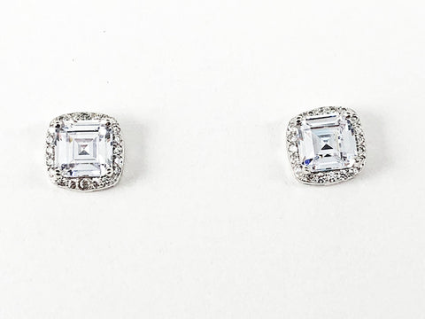 Elegant Classic Square Shape Detailed Center Cut CZ Silver Stud Earrings