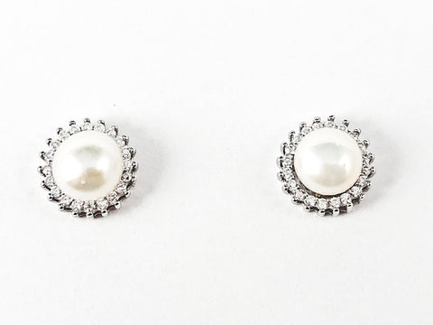 Classic Elegant Center Round Pearl With CZ Frame Silver Stud Earrings