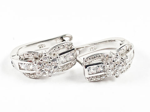 Unique Criss Cross Design CZ Huggie Style Silver Earrings