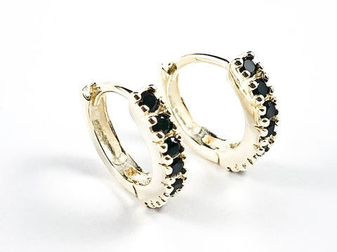 Classic Thin Single Row Black CZ Gold Tone Huggie Silver Earrings