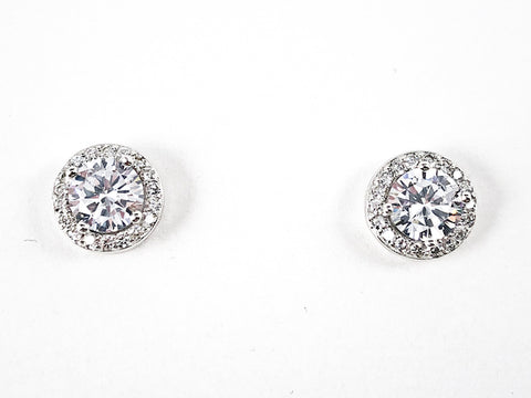 Classic Elegant Round Shape Halo Design Stud CZ Silver Earrings