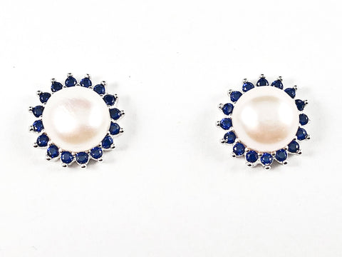 Beautiful Center Pearl With Pear Shape Cut Sapphire Color CZ Frame Silver Stud Earrings