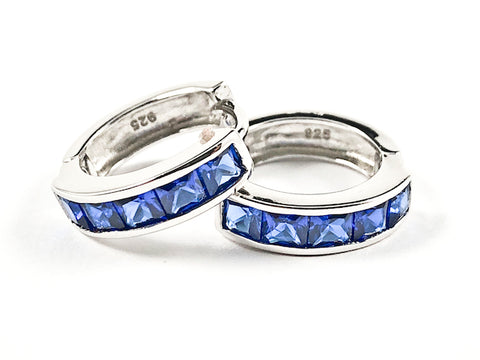 Beautiful Baguette Sapphire Color CZ Silver Huggie Earrings
