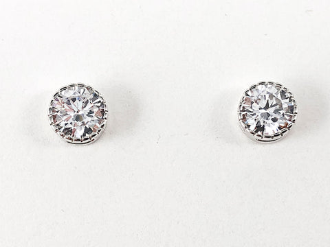 Classic Round Single Center CZ Silver Stud Earrings