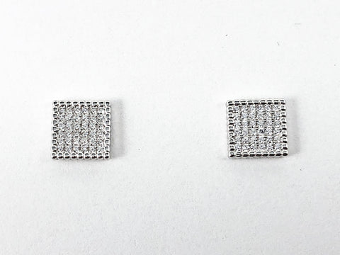 Elegant Square Shape Form Pave CZ Setting Silver Stud Earrings