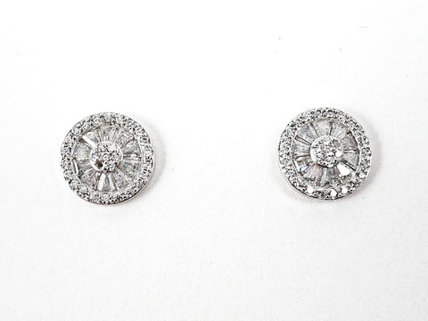 Classic Round Disc Micro Baguette & Mix CZ Setting Silver Stud Earrings