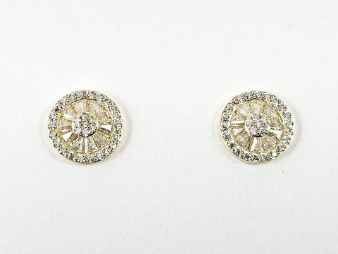 Classic Round Disc Micro Baguette & Mix CZ Setting Gold Tone Silver Stud Earrings