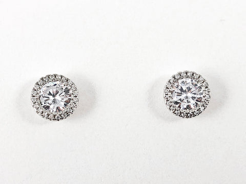 Elegant Classic Round Shape From Halo CZ Design Silver Stud Earrings