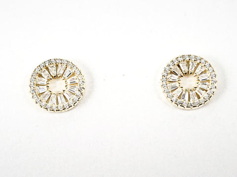 Classic Elegant Round Shape From Baguette CZ Open Center Gold Tone Silver Stud Earrings