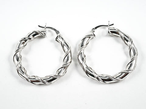 Nice Wire Design Shiny Metallic Thick Hoop Silver Earrings