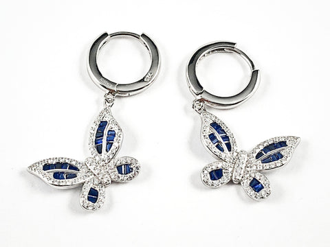 Elegant Sapphire Color Baguette CZ Setting Dangle Huggie Style Silver Earrings
