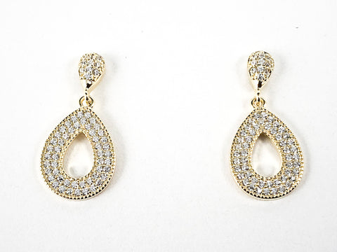 Elegant Oval & Pear Shapes Pave CZ Dangle Gold Tone Silver Earrings