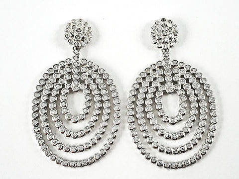 Elegant Large Bezel CZ Setting Style Round & Oval Shape Dangle Silver Earrings