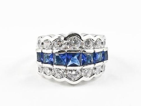 Classic Elegant 3 Row Sapphire CZ Middle Silver Ring