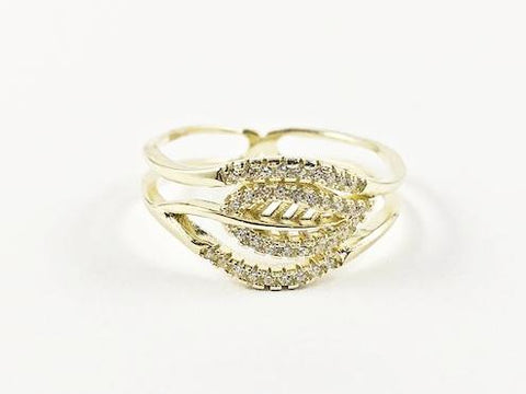 Classic Elegant Natural Leaf Yellow Gold CZ Design Silver Ring