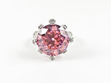 Classic Unique Round Center Pink CZ Setting Silver Ring