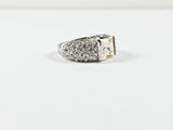 Classic Elegant Square Center Champagne CZ Pave Style Band Silver Ring