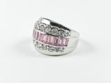 Classic Elegant 3 Row Baguette Center Row Pink CZ Silver Ring