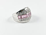 Classic Elegant 3 Row Baguette Center Row Pink CZ Silver Ring