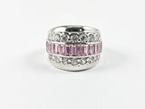 Classic Elegant 3 Row Baguette Center Row Pink CZ Silver Ring