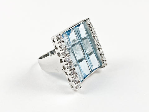 Classic Elegant Curve Square 3 Row Detailed Cut Aquamarine CZs Silver Ring