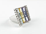 Classic Elegant Curve Square 3 Row Detailed Cut Multi Color CZs Silver Ring