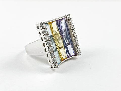 Classic Elegant Curve Square 3 Row Detailed Cut Multi Color CZs Silver Ring