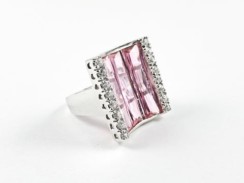 Classic Elegant Curve Square 3 Row Detailed Cut Pink CZs Silver Ring