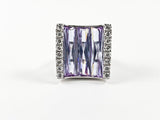 Classic Elegant Curve Square 3 Row Detailed Cut Violet CZs Silver Ring