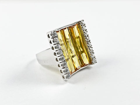 Classic Elegant Curve Square 3 Row Detailed Cut Yellow CZs Silver Ring