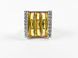Classic Elegant Curve Square 3 Row Detailed Cut Yellow CZs Silver Ring