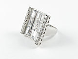 Classic Elegant Curve Square 3 Row Detailed Cut Silver Ring